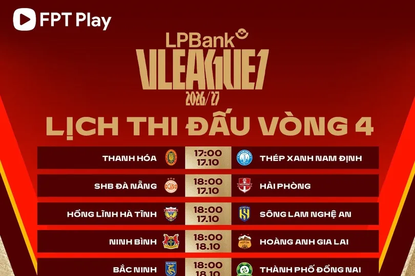 Lịch thi đấu vòng 4 V-League 2026-2027