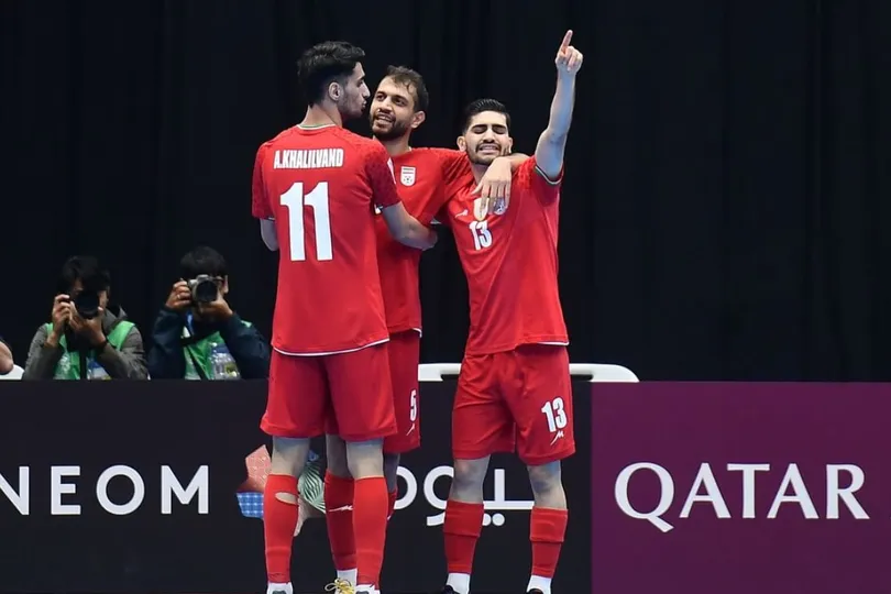 Niềm vui của các cầu thủ Iran khi đoạt vé vào thi đấu trận chung kết futsal châu Á 2026. ẢNH: AFC 