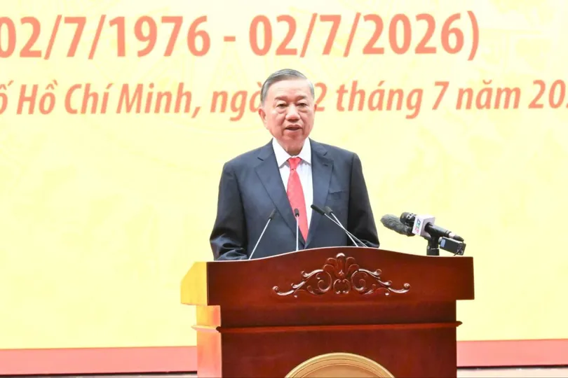 Tổng Bí thư, Chủ tịch nước Tô Lâm phát biểu tại Lễ kỷ niệm 50 năm Ngày Thành phố Sài Gòn - Gia Định vinh dự mang tên Chủ tịch Hồ Chí Minh. Ảnh: VIỆT DŨNG