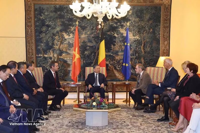 越南党中央总书记、国家主席苏林会见比利时众议院议长彼得·德鲁弗（右）和参议院议长文森特·布隆代尔（左）。图自越通社