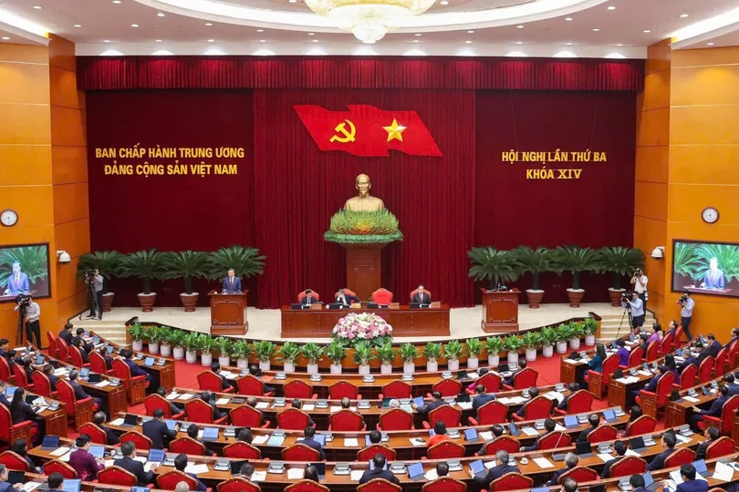 Phiên khai mạc Hội nghị lần thứ 3 Ban Chấp hành Trung ương Đảng khóa XIV, sáng 20-7. Ảnh: VIẾT CHUNG