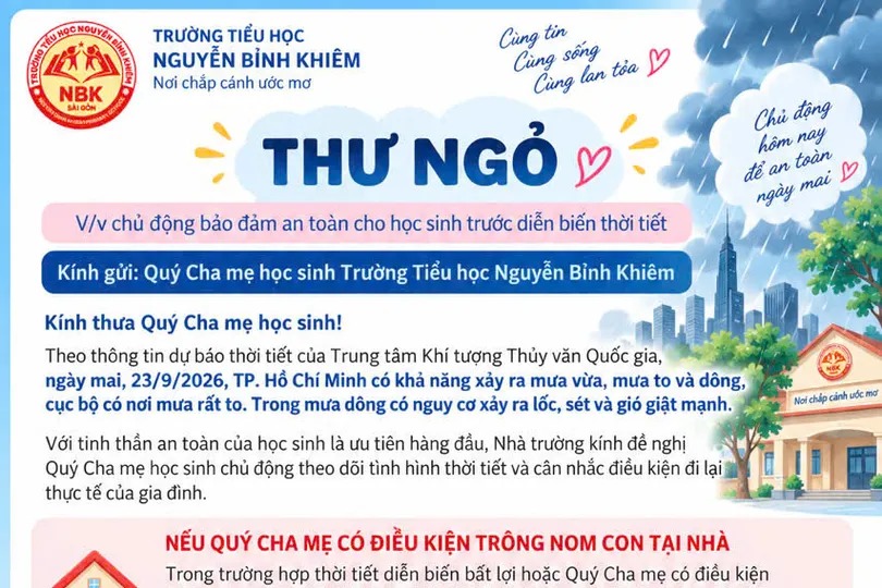 Thư gửi học sinh và phụ huynh học sinh của Trường Tiểu học Nguyễn Bỉnh Khiêm (phường Sài Gòn) 
