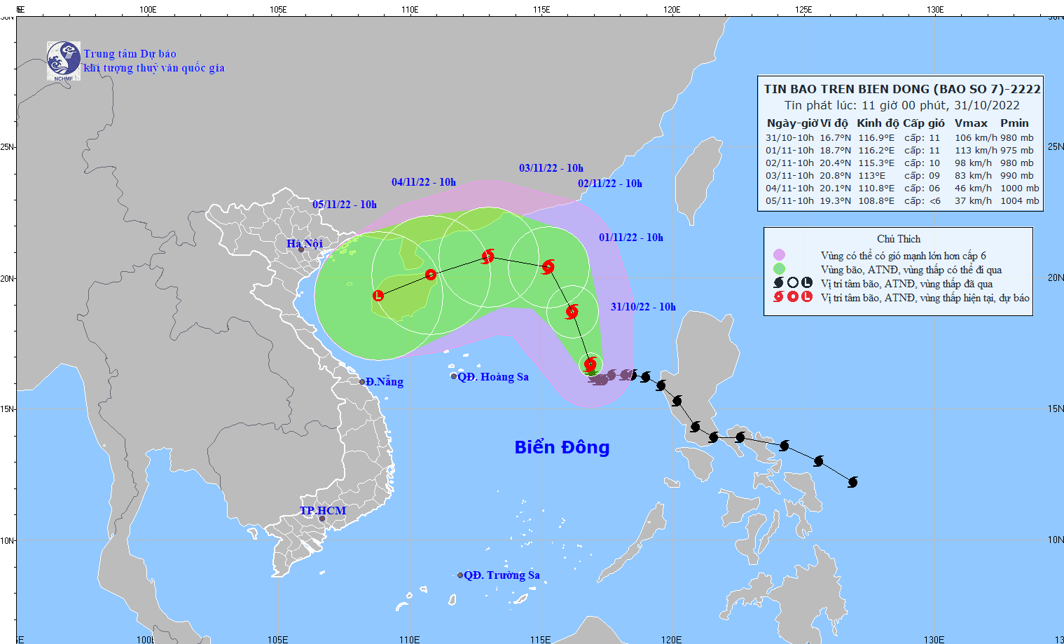 圖為 7號颱風的移動方向。（圖：國家水文氣象預報中心）