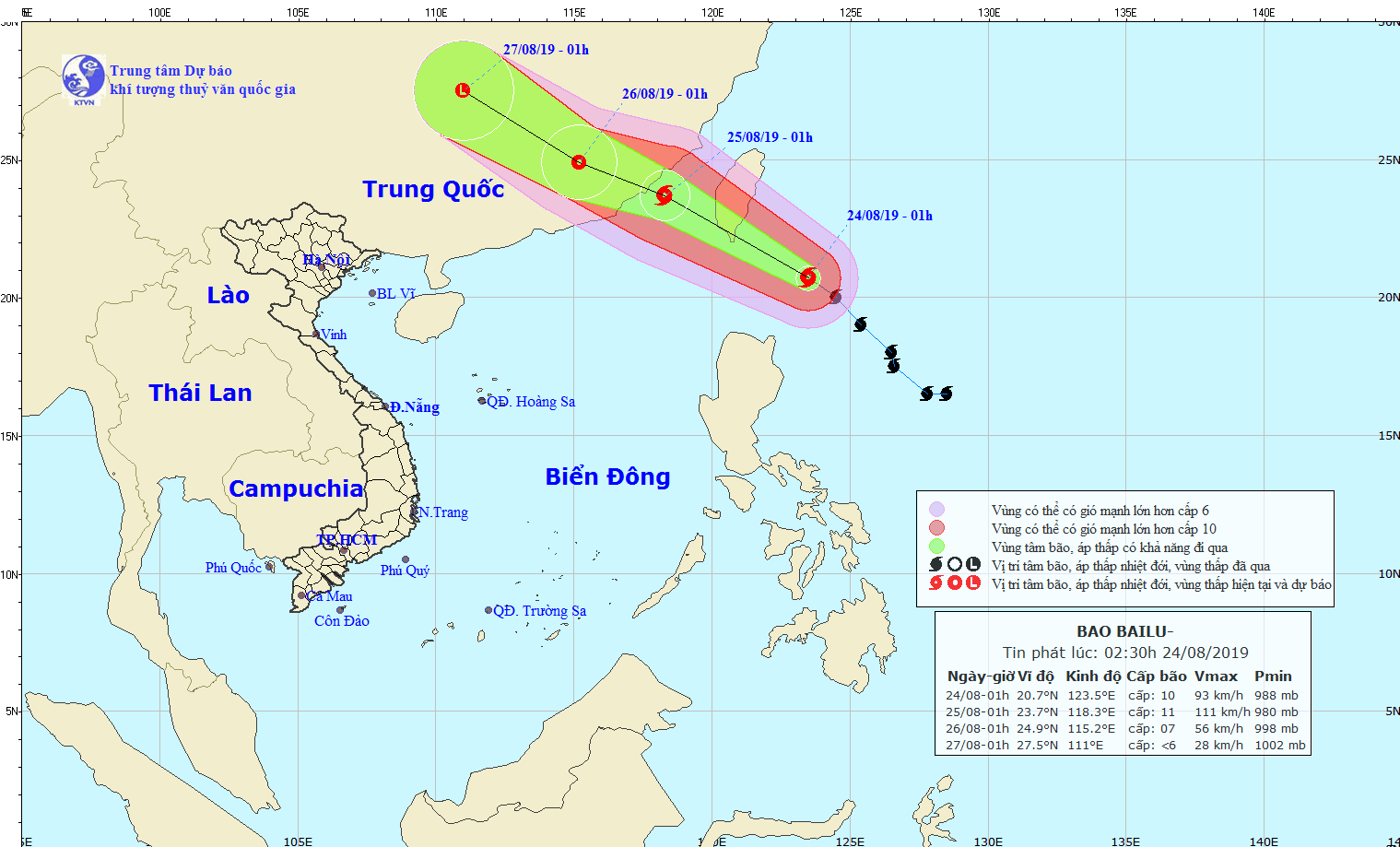 Đường đi và vị trí của cơn bão Bailu