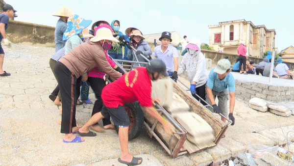 Hàng trăm người dân gia cố kè biển bị sạt lở ở Hà Tĩnh trước khi bão số 4 đổ bộ