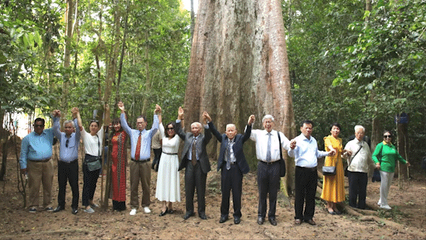 Các đại biểu chụp hình lưu niệm dưới cây di sản ở rừng Mã Đà