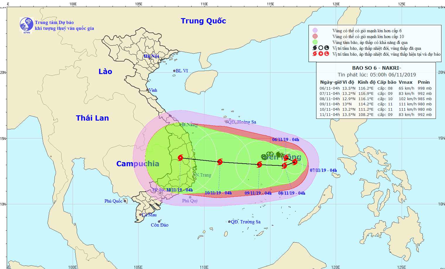 Position of typhoon Nakri in the East Sea on November 6 (Photo: NHMC)
