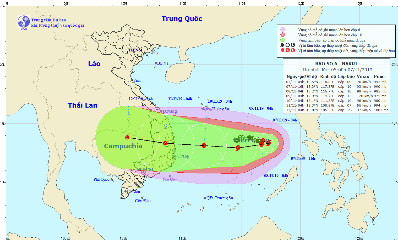 Position of typhoon Nakri in the East Sea on November 7 (Photo: nchmf)