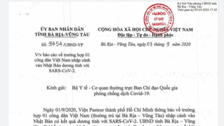 Công văn của UBND tỉnh Bà Rịa - Vũng Tàu về một trường hợp dương tính với SARS-CoV-2 khi nhập cảnh vào Nhật Bản
