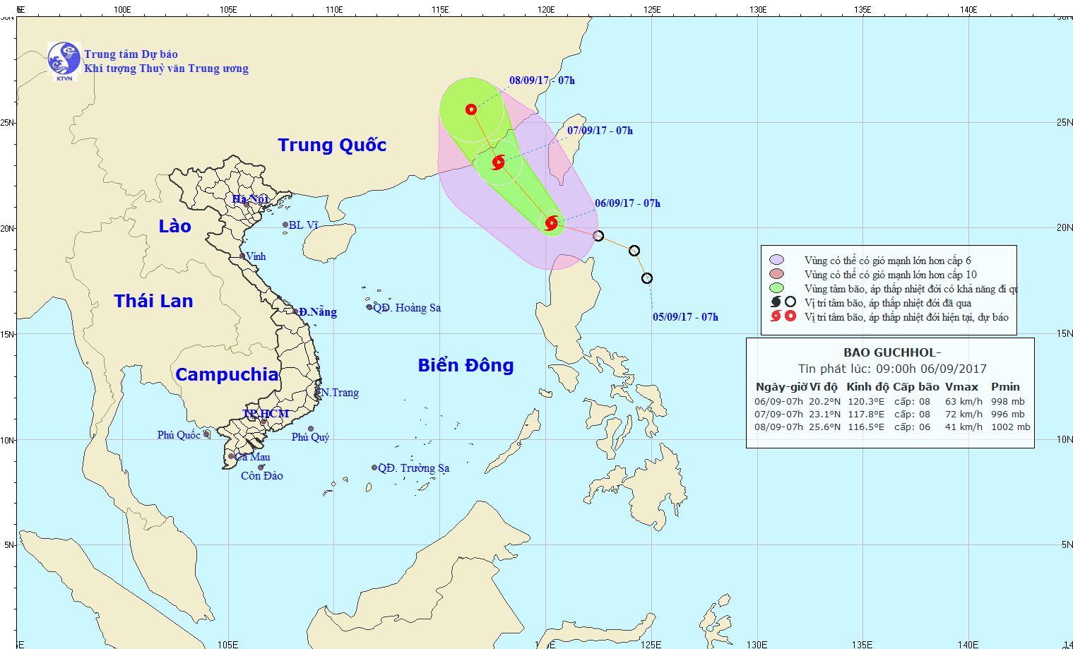 今(6)日早上熱帶低氣壓轉強成谷超(Guchol)颱風。圖為谷超颱風的移動方向。(圖源：中央水文氣象預報中心)