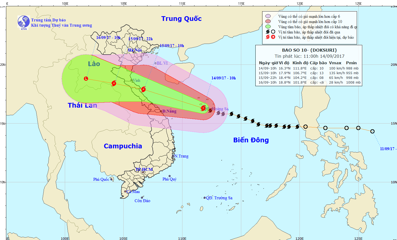 10號颱風(國際名稱是“多素日”-Doksuri)是一股範圍及強度大的颱風，預報本月15日晚上至16日凌晨在乂安至河靖省一帶登陸。（圖源：中央水文氣象預報中心）