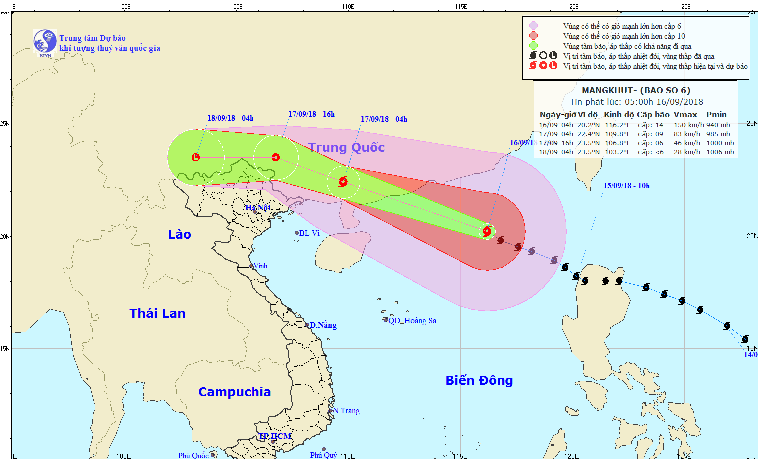山竹超級颱風(Mangkhut)已進入東海，並形成我國今年的6號颱風。圖為6號颱風的移動方向。（圖源：國家水文氣象預報中心）