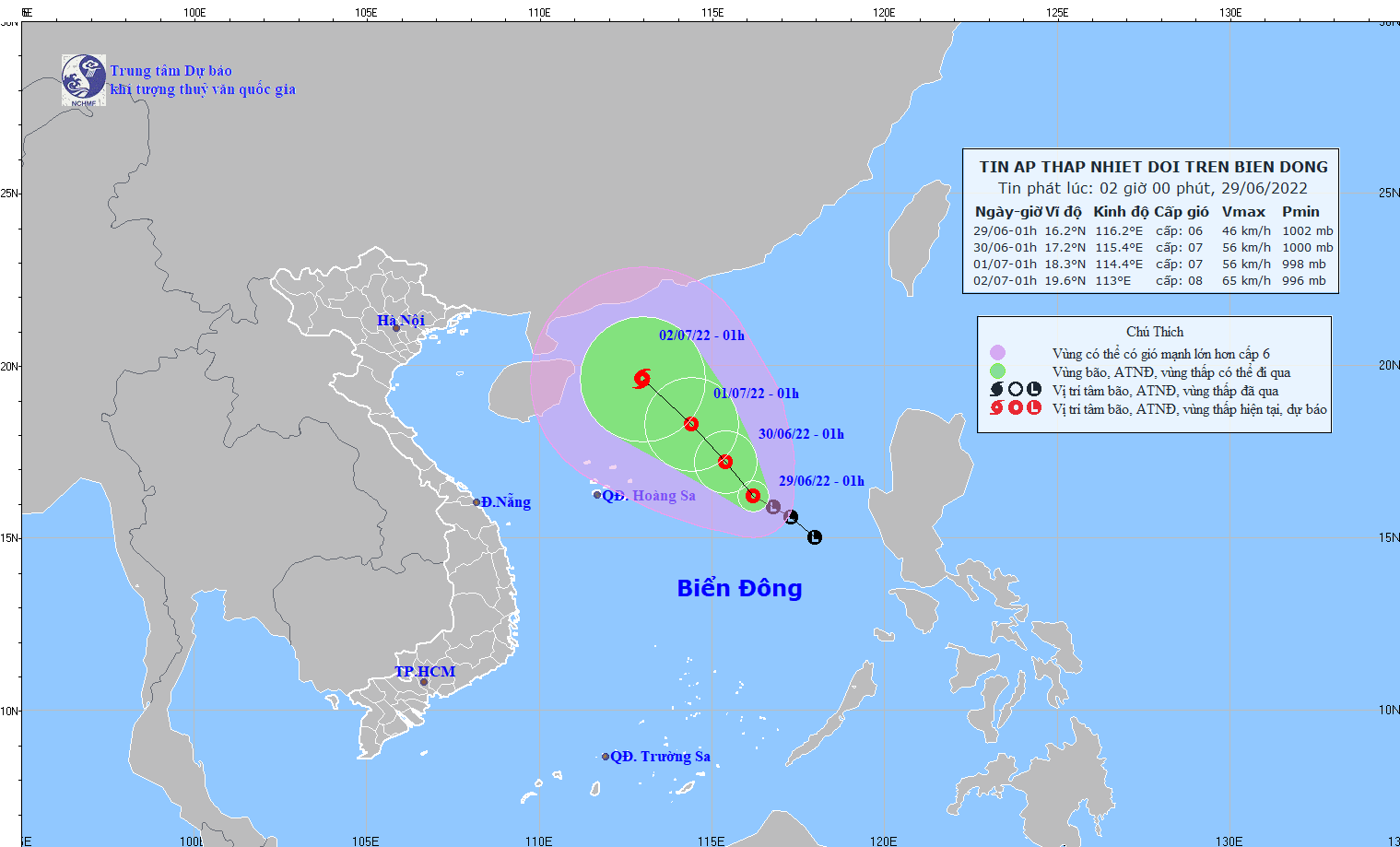 Dự báo hướng di chuyển của áp thấp nhiệt đới lúc 1 giờ sáng 29-6