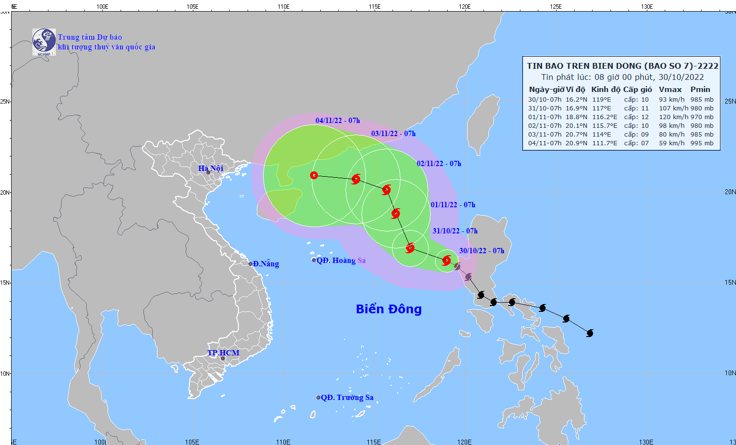 Đường đi của cơn bão số 7 ở Biển Đông. Ảnh: TTDBKTTVQG
