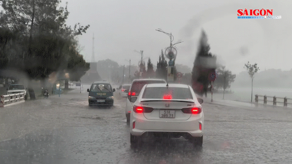 Ô tô bì bõm trong cơn mưa trái mùa ở Đà Lạt