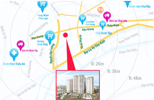 Một bản đồ dự án ở quận 6, TPHCM có ghi rõ khoảng cách đến các tiện ích công cộng.