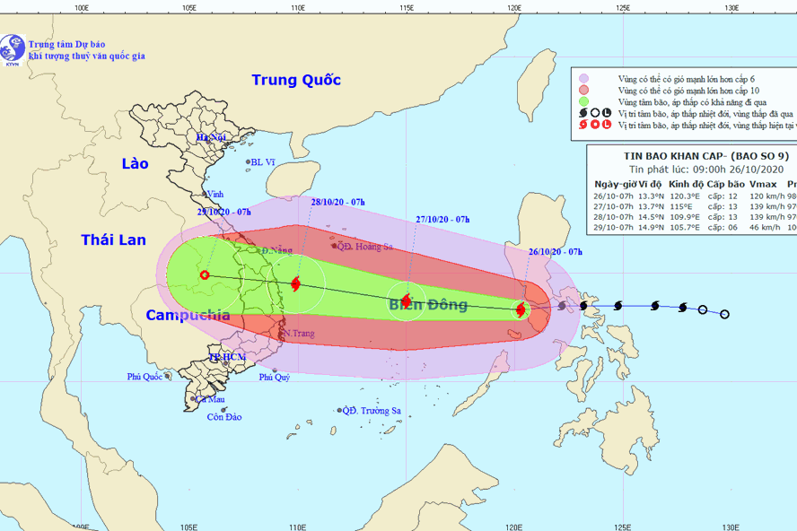 Dự báo đường đi của bão số 9. Ảnh: Trung tâm Dự báo KTTV Quốc gia