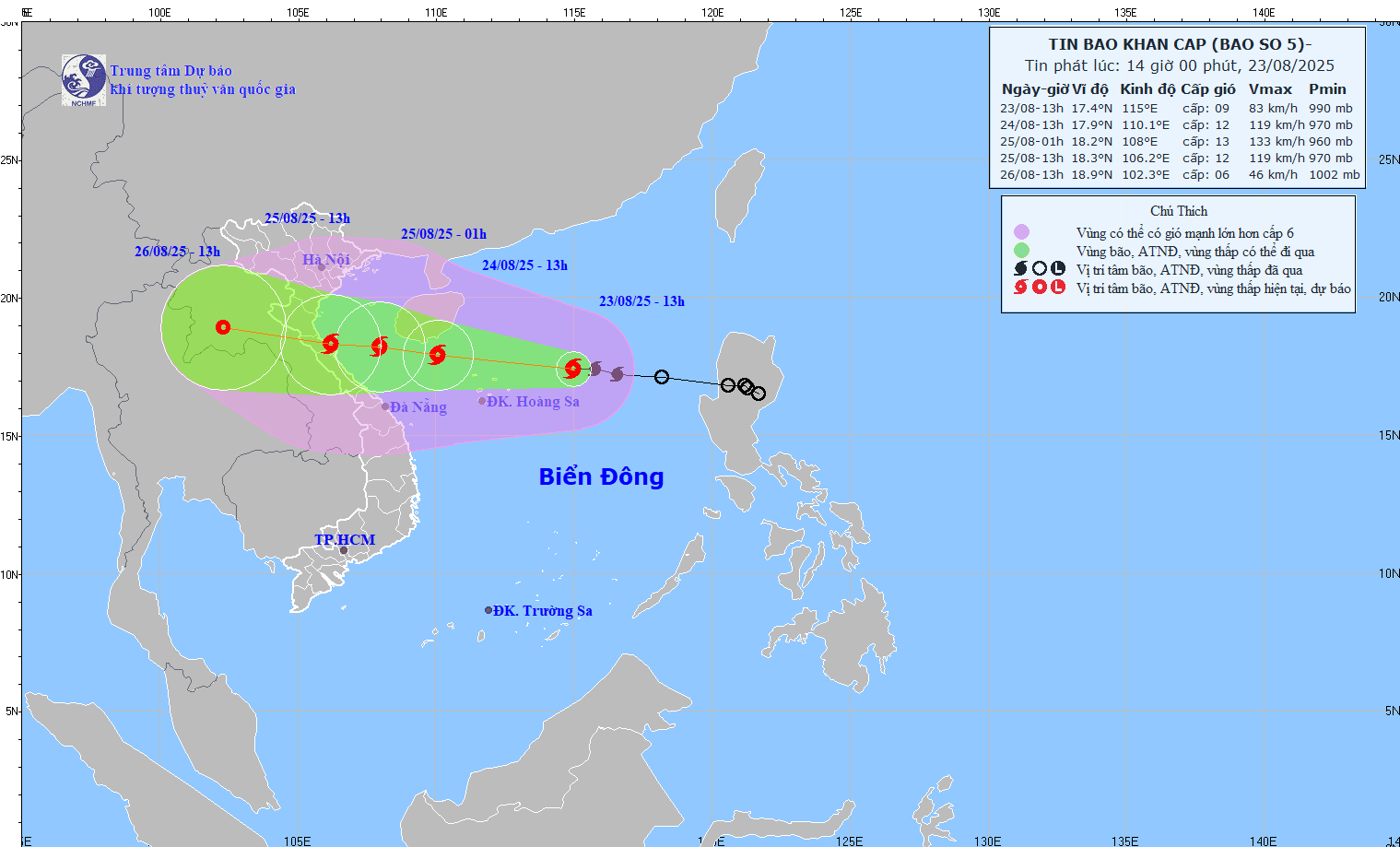 Position of tropical storm No. 5 as of 1:00 p.m. local time on August 23 (Source: Vietnam National Center for Hydro-Meteorological Forecasting) img-1613-476-8371.gif
