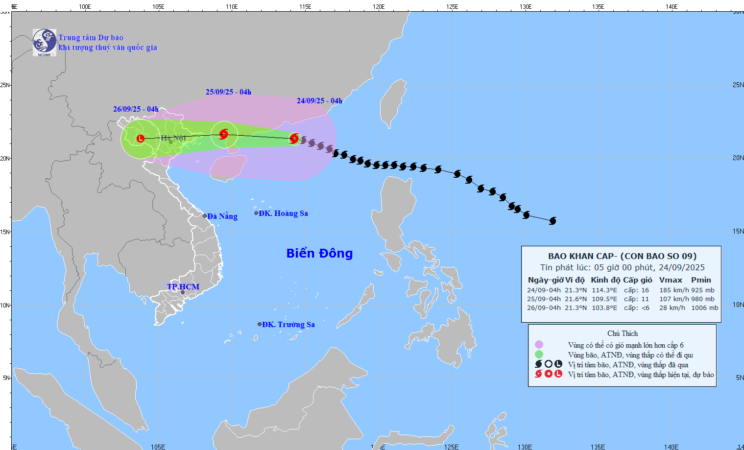 Position of storm No. 9 on the morning of September 24 and forecast track according to Vietnam’s National Center for Hydro-Meteorological Forecasting. img-2601-8667-6757.gif