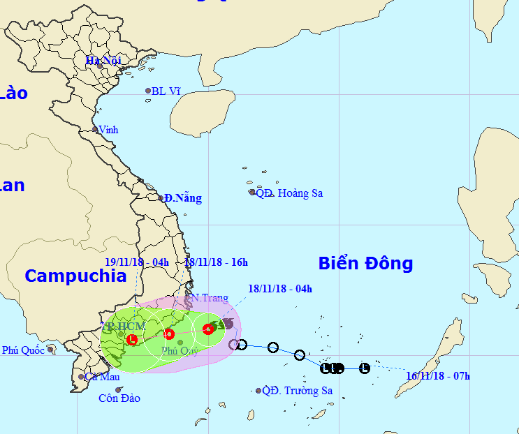熱帶低壓致南部各省強降雨。圖為熱帶低壓的移動方向。（圖源：國家水文氣象預報中心）