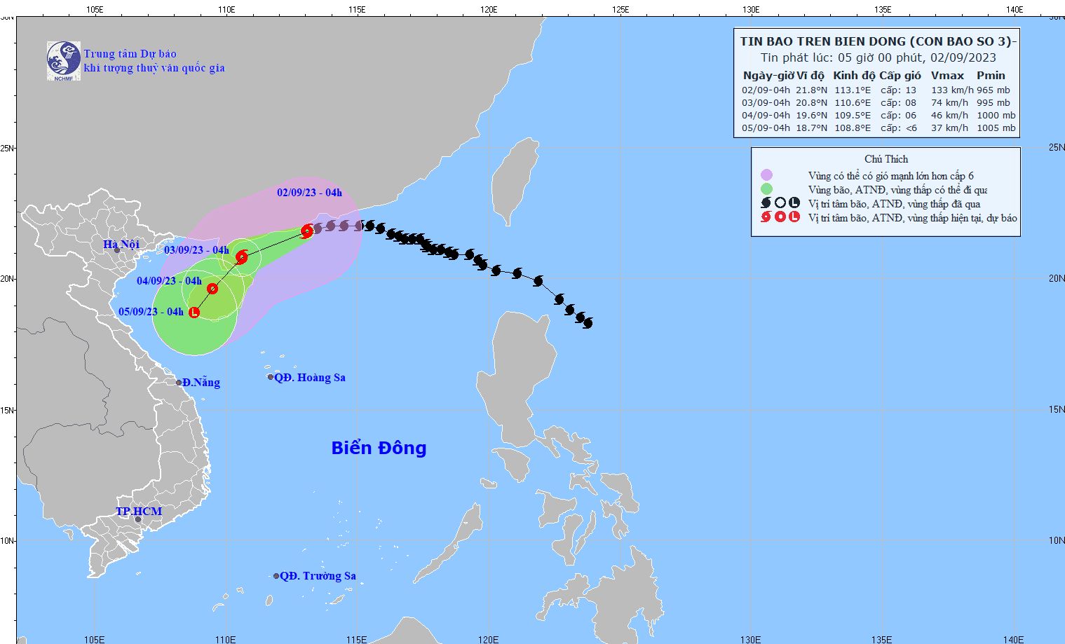 Vị trí và đường đi của bão số 3. Ảnh: TTDBKTTVTƯ