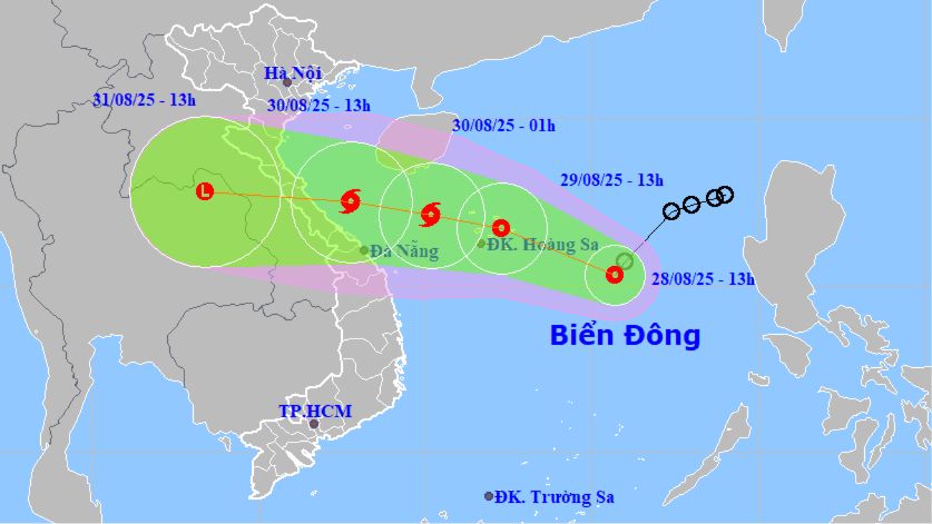 Cập nhật tâm áp thấp nhiệt đới lúc 13 giờ ngày 28-8 và dự báo hướng di chuyển khi mạnh lên thành bão