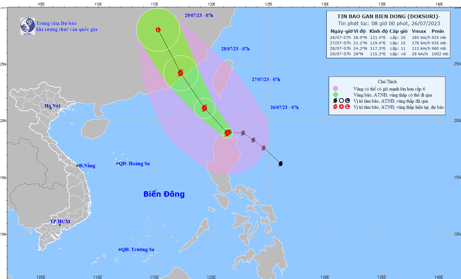 Vị trí và đường đi của bão DOKSURI. Ảnh: Trung tâm DBKTTVQG