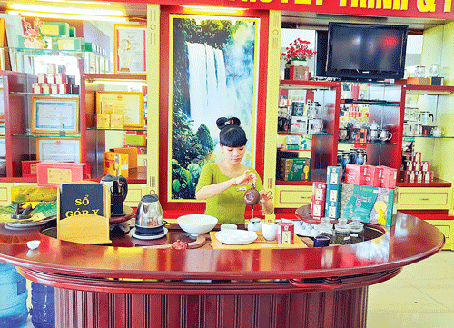 Đồi trà Bảo Lộc xanh mướt. Thu hái búp chè tươi. Nguyên liệu chế biến chè xanh Bảo Lộc. Cây trà đã tạo việc làm và thu nhập ổn định cho người dân địa phương. Chế biến trà cao cấp. Sao khô trà Oolong trong máy sao thùng quay. Thương hiệu trà Bảo Lộc được nhận nhiều giải thưởng chất lượng. Thưởng thức cách pha và hương vị trà nổi tiếng. Màu sắc đặc trưng trà Bảo Lộc.