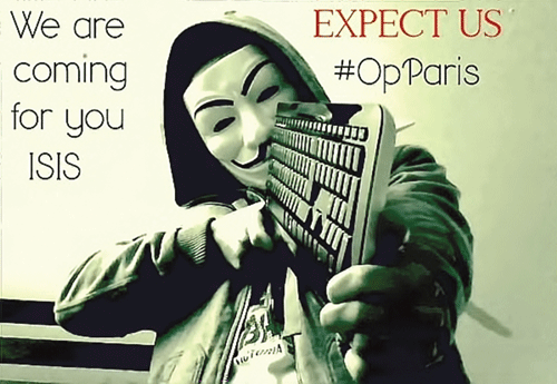 Hình ảnh trong video tuyên chiến IS của Anonymous. Hình ảnh trong video tuyên chiến IS của Anonymous.