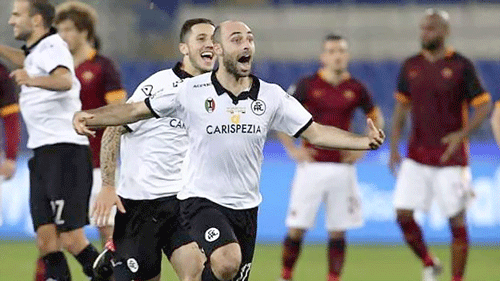 Các cầu thủ Spezia vui mừng sau khi loại AS Roma sau loạt sút luân lưu.