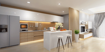 Phòng khách và phòng bếp bố trí liên thông theo phong cách mở. Phòng khách và phòng bếp bố trí liên thông theo phong cách mở.