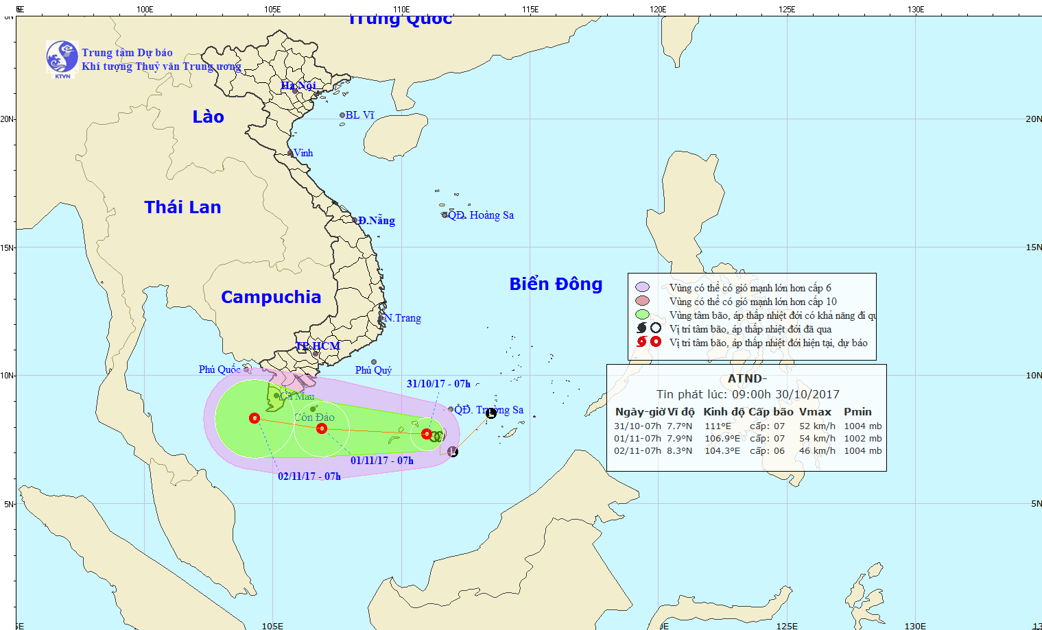 昨晚與今(31)日，低氣壓區有可能轉強成為熱帶低氣壓，繼續給南部海域造成惡劣天氣，其後影響到南部陸地各省。（圖源：中央水文氣象預報中心）