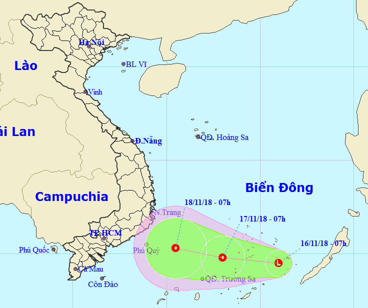 水文氣象總局：熱帶低壓可能直接影響南部。圖為熱帶低壓的移動方向。（圖源：國家水文氣象預報中心）