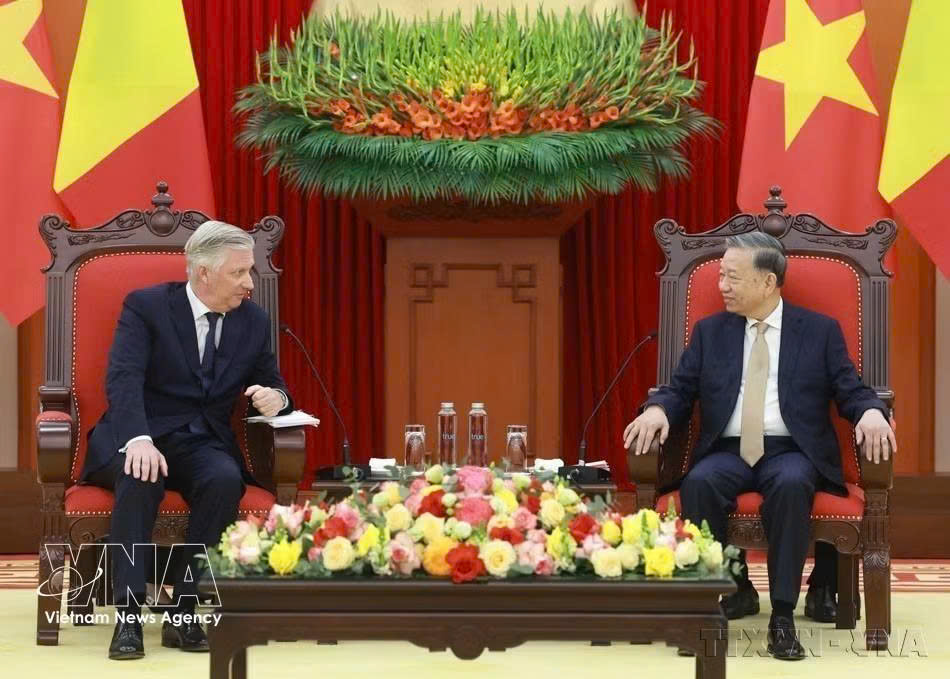 2025年4月1下午，越南党中央总书记苏林在党中央办事处会见对越南进行国事访问的比利时国王菲利普。图自越通社