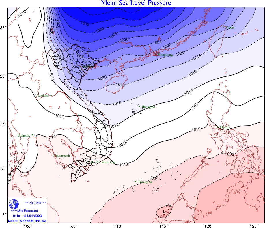 Họa đồ tâm khối khí lạnh đang lan dần xuống miền Bắc sáng 24-1 do Trung tâm Dự báo khí tượng - thủy văn quốc gia thực hiện