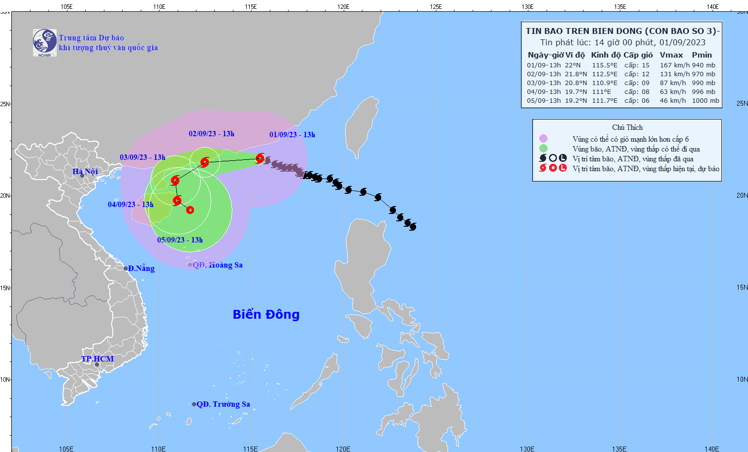 Dự báo vị trí và đường đi của bão số 3 (Saola) chiều 1-9