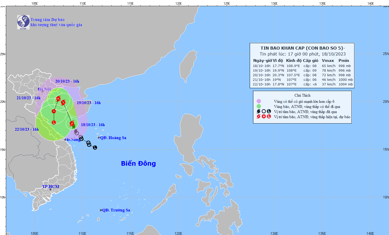 Cập nhật dự báo hướng di chuyển của bão số 5 đến chiều 18-10. Nguồn: TTDBKTTVQG