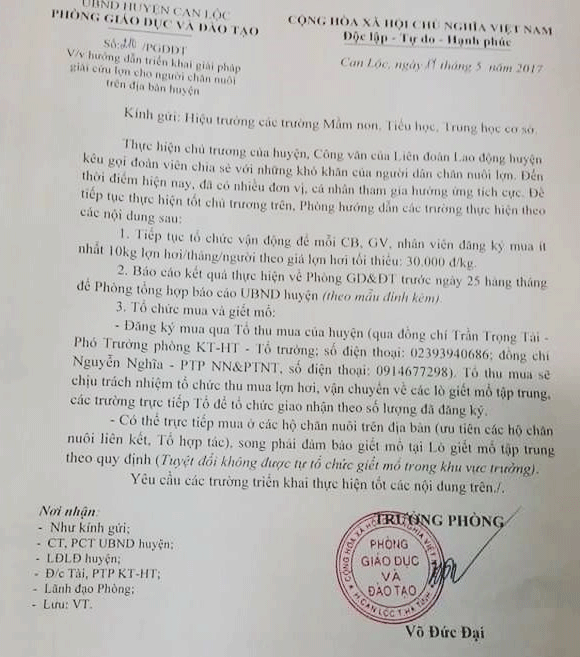 Yêu cầu thu hồi văn bản vận động cán bộ, giáo viên mua thịt heo ảnh 1