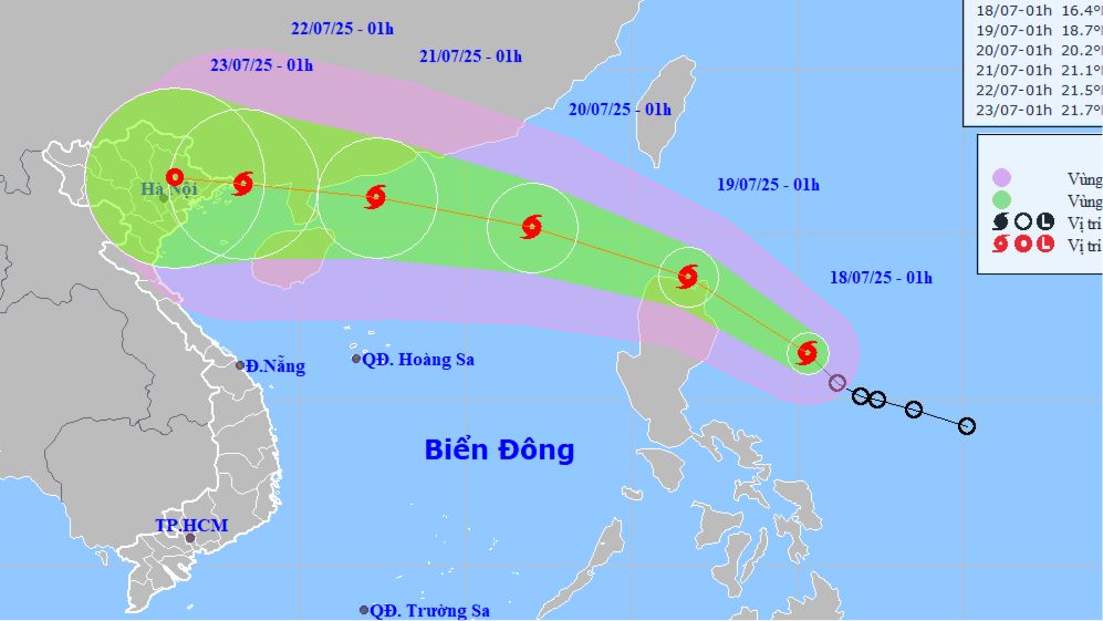 Dự báo vị trí và hướng đi của bão số 3 theo mô hình của Trung tâm Dự báo khí tượng - thủy văn quốc gia sáng 18-7
