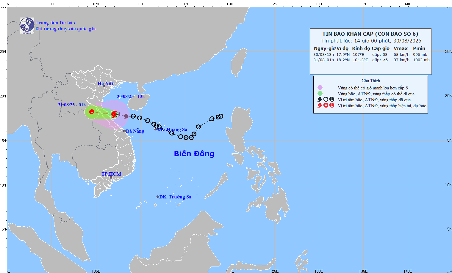 Bão số 6 di chuyển nhanh (tốc độ khoảng 20-25km/giờ) về phía vùng biển và đất liền khu vực Trung bộ nước ta. Ảnh: Trung tâm Dự báo khí tượng thủy văn quốc gia