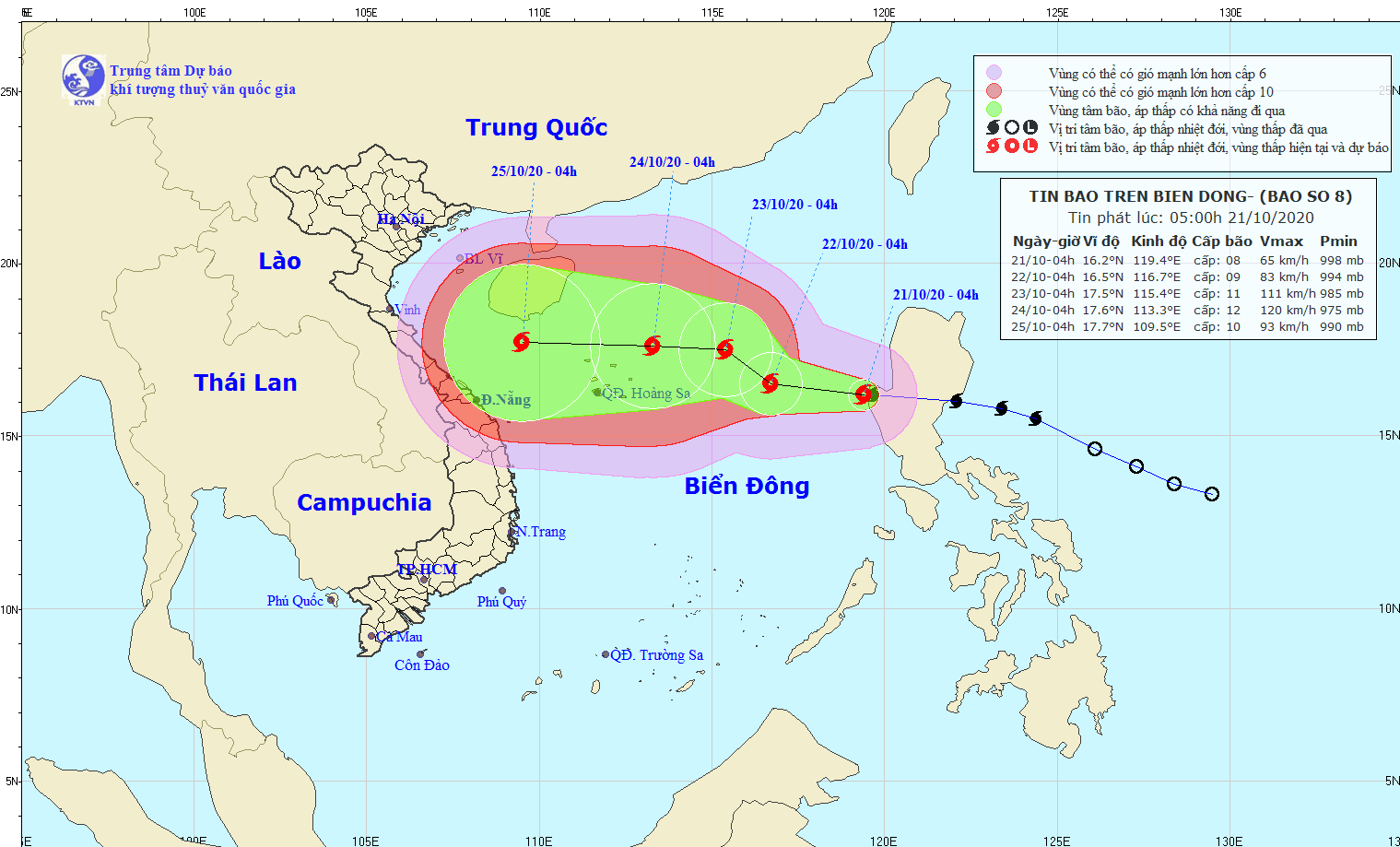 Vị trí và hướng di chuyển của bão số 8.