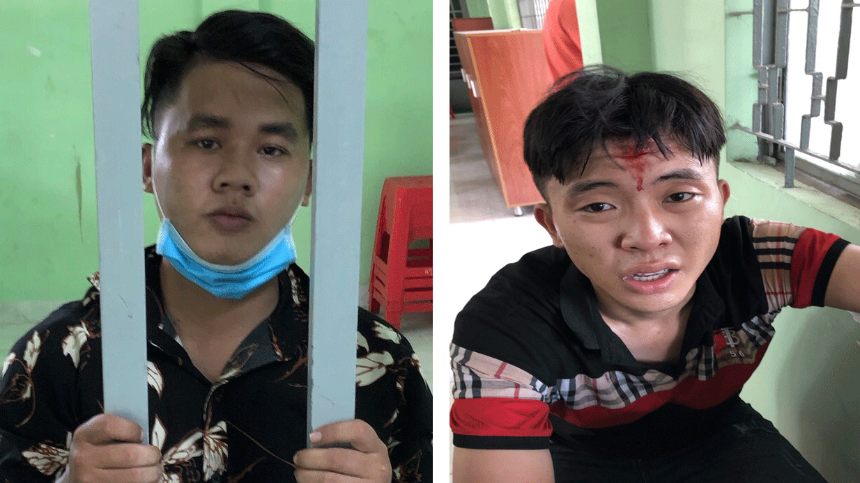 Hai đối tượng Vinh (trái) và Tài tại cơ quan công an. Ảnh: VIẾT PHÓNG