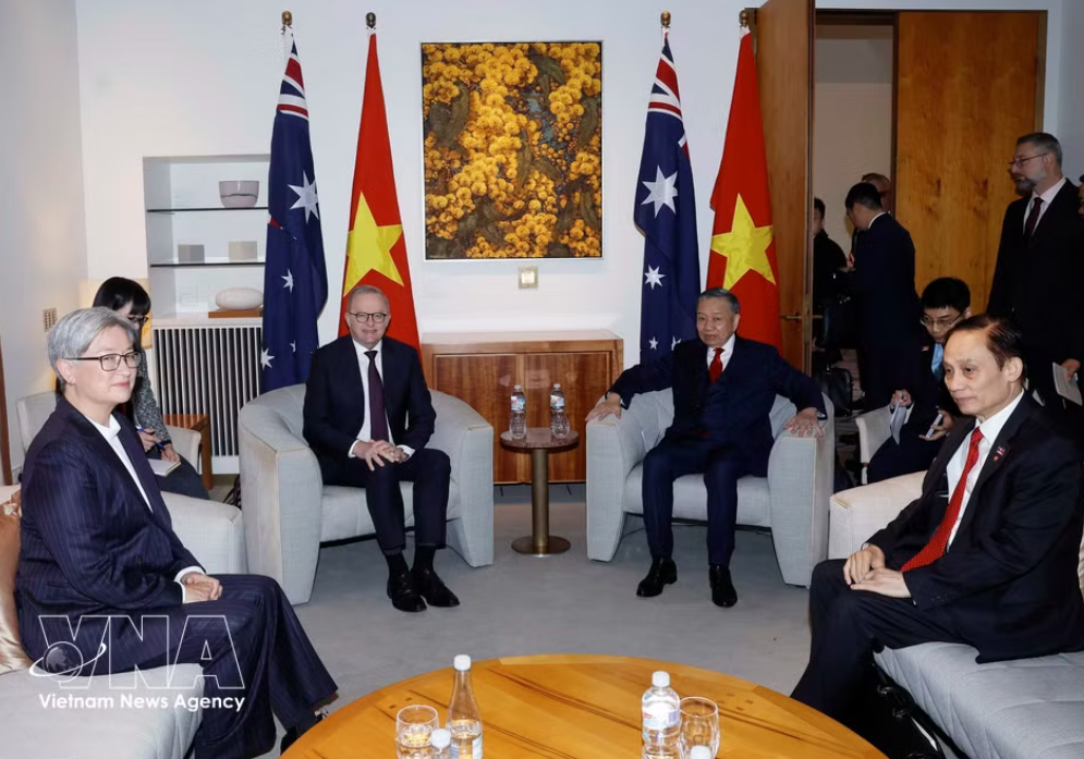 此前，党中央总书记、国家主席苏林与澳大利亚总理安东尼·阿尔巴尼斯举行小范围会晤。图自越通社