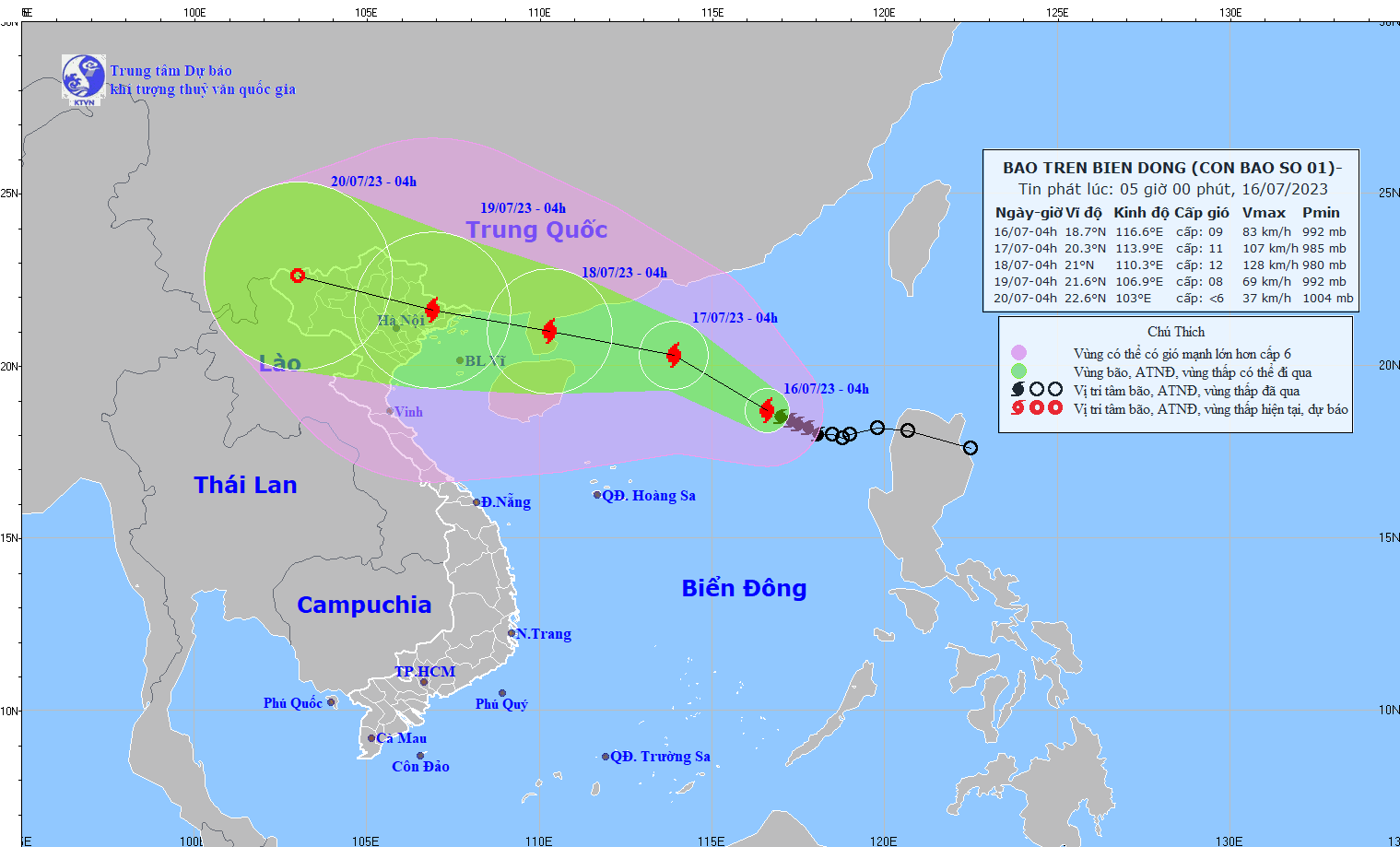 The map shows the position of Typhoon No.1 and its projected movement on the morning of July 16, 2023. (Photo: NCHF) The map shows the position of Typhoon No.1 and its projected movement on the morning of July 16, 2023. (Photo: NCHF)