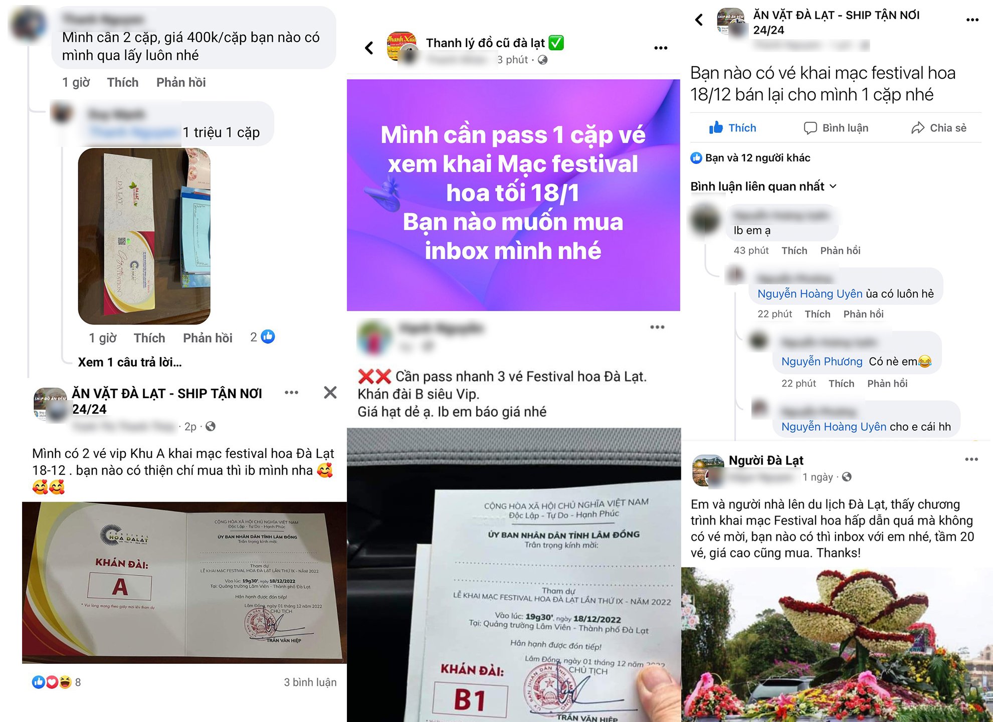 Thông tin tìm mua, rao bán vé đêm khai mạc Festival hoa Đà Lạt tràn lan trên mạng xã hội. Ảnh chụp màn hình Thông tin tìm mua, rao bán vé đêm khai mạc Festival hoa Đà Lạt tràn lan trên mạng xã hội. Ảnh chụp màn hình