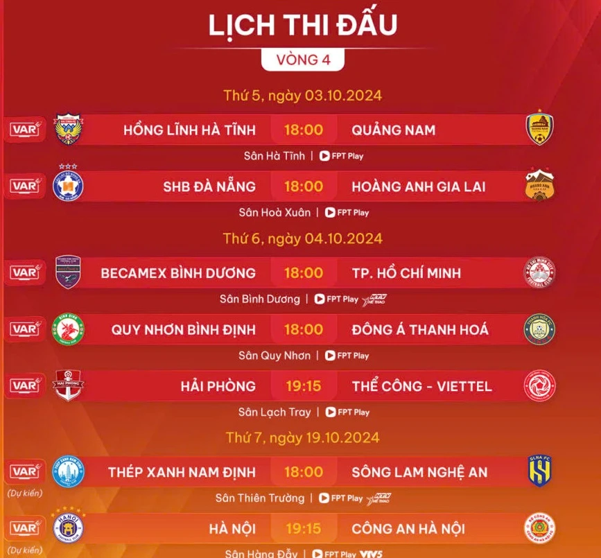 Lịch thi đấu vòng 4 V-League 2024-2025