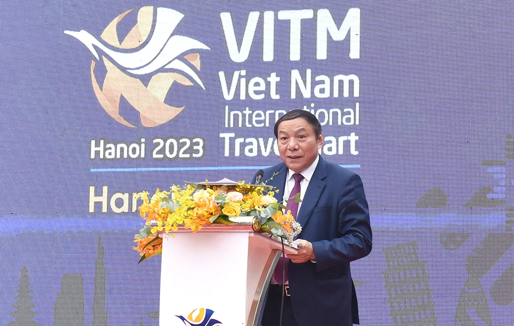 Bộ trưởng Bộ Văn hóa - Thể thao - Du lịch Nguyễn Văn Hùng phát biểu khai mạc VITM Hà Nội 2023