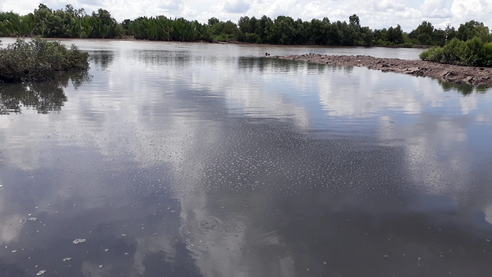 Nguồn nước ô nhiễm từ một nhà máy tại Khu công nghiệp Hòa Trung thải ra sông (ảnh chụp ngày 3-7).