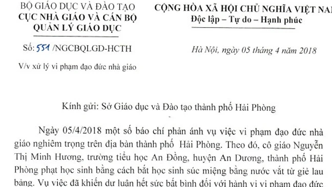 Công văn của Bộ GD-ĐT gửi Sở GD-ĐT Hải Phòng