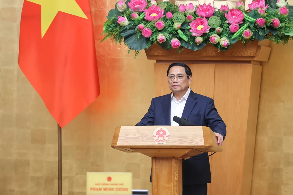 Thủ tướng Phạm Minh Chính phát biểu tại phiên họp Chính phủ thường kỳ tháng 4-2023. Ảnh: VIẾT CHUNG